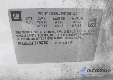 2015 Chevrolet Sonic Lt Auto из США, поврежденный, VIN 1G1JC6SH7F4202782